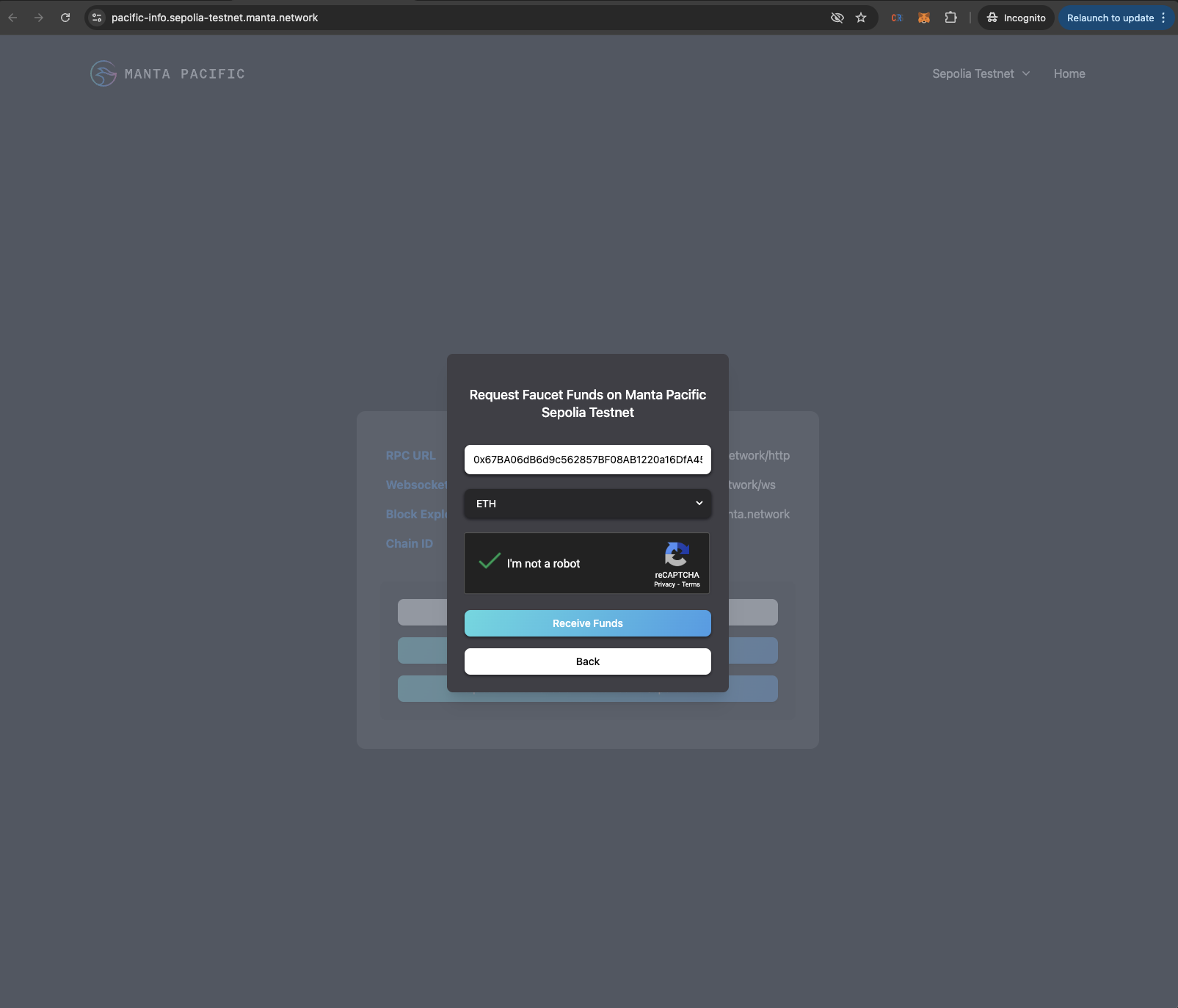 Request Manta Pacific Faucet Funds
