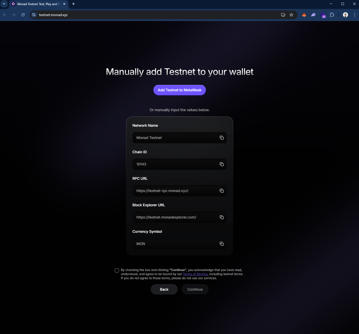 Halaman Penambahan Manual Testnet
