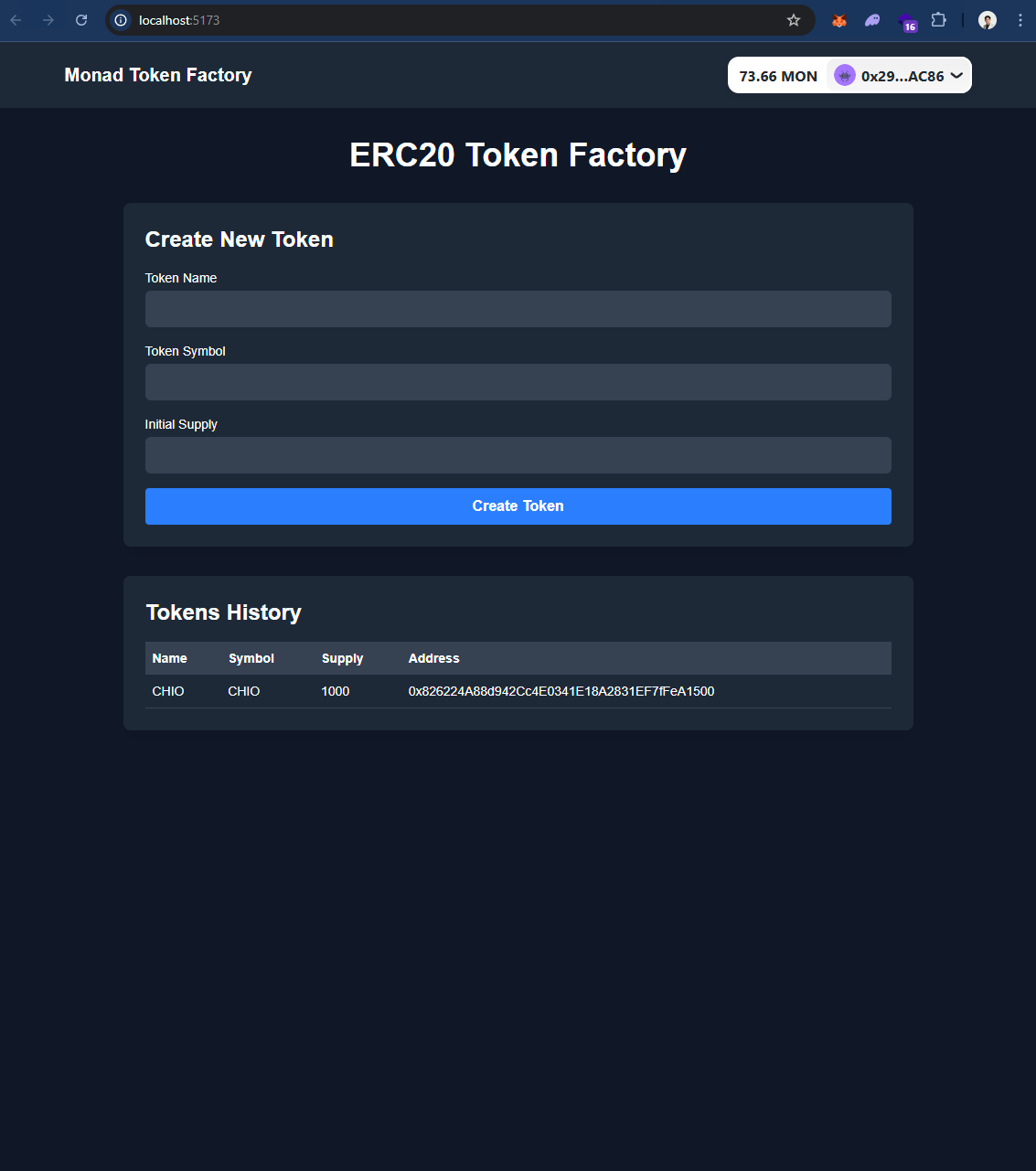 Tampilan Frontend Monad Token Factory